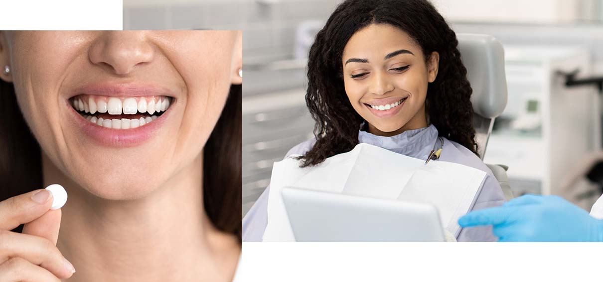 Woman smiling and looking at screen. Inset photo of woman holding a pill.